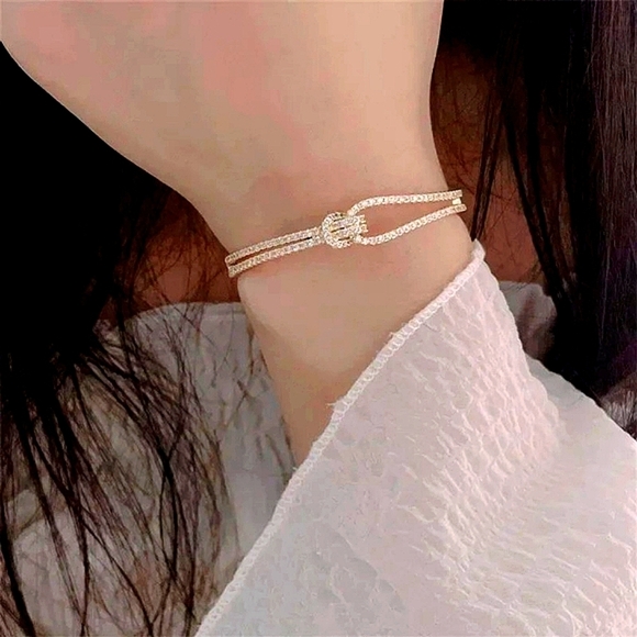 Women's 18k Gold Plated Knot Bling Simulated Diamond Cuff Bracelet,  Adjustable‎ - Picture 6 of 9